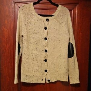 Market & Spruce Cream Cardigan with Black Elbow Patches And Back Button detail